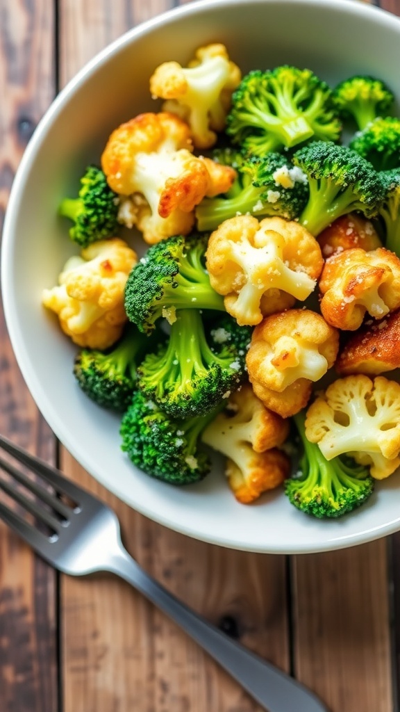 A bowl of crispy air-fried broccoli and cauliflower garnished with Parmesan cheese on a wooden table.